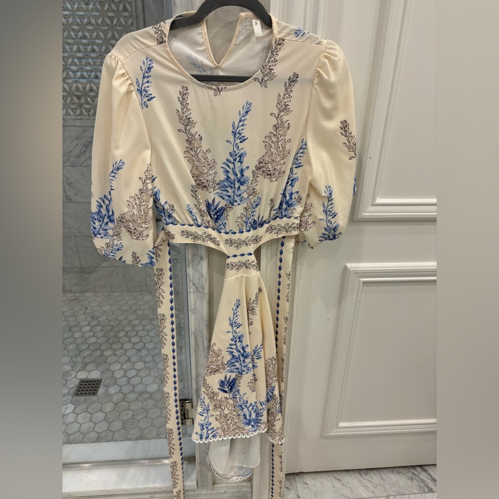 Elegant Cream and Blue Floral Dress
